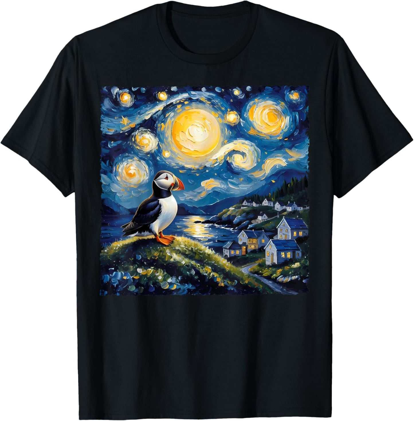 Van Gogh Style Funny Puffin Lover The Starry Night Painting T-Shirt - T-Shirt | Black
