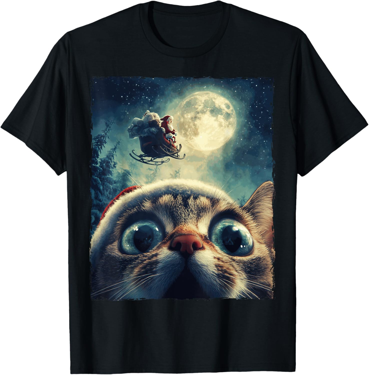 Funny Cat Selfie Santa Moon T-Shirt - T-Shirt | Black