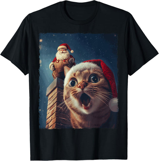 Funny Cat Selfie Santa Chimney Xmas Christmas Women Kids T-Shirt - T-Shirt | Black
