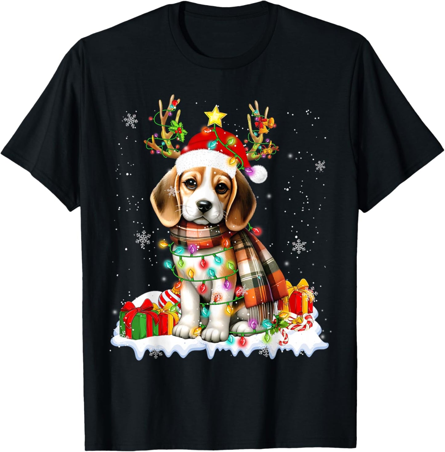 Santa Beagle Christmas Lights Funny Reindeer Dog Xmas 2026 T-Shirt - T-Shirt | Black