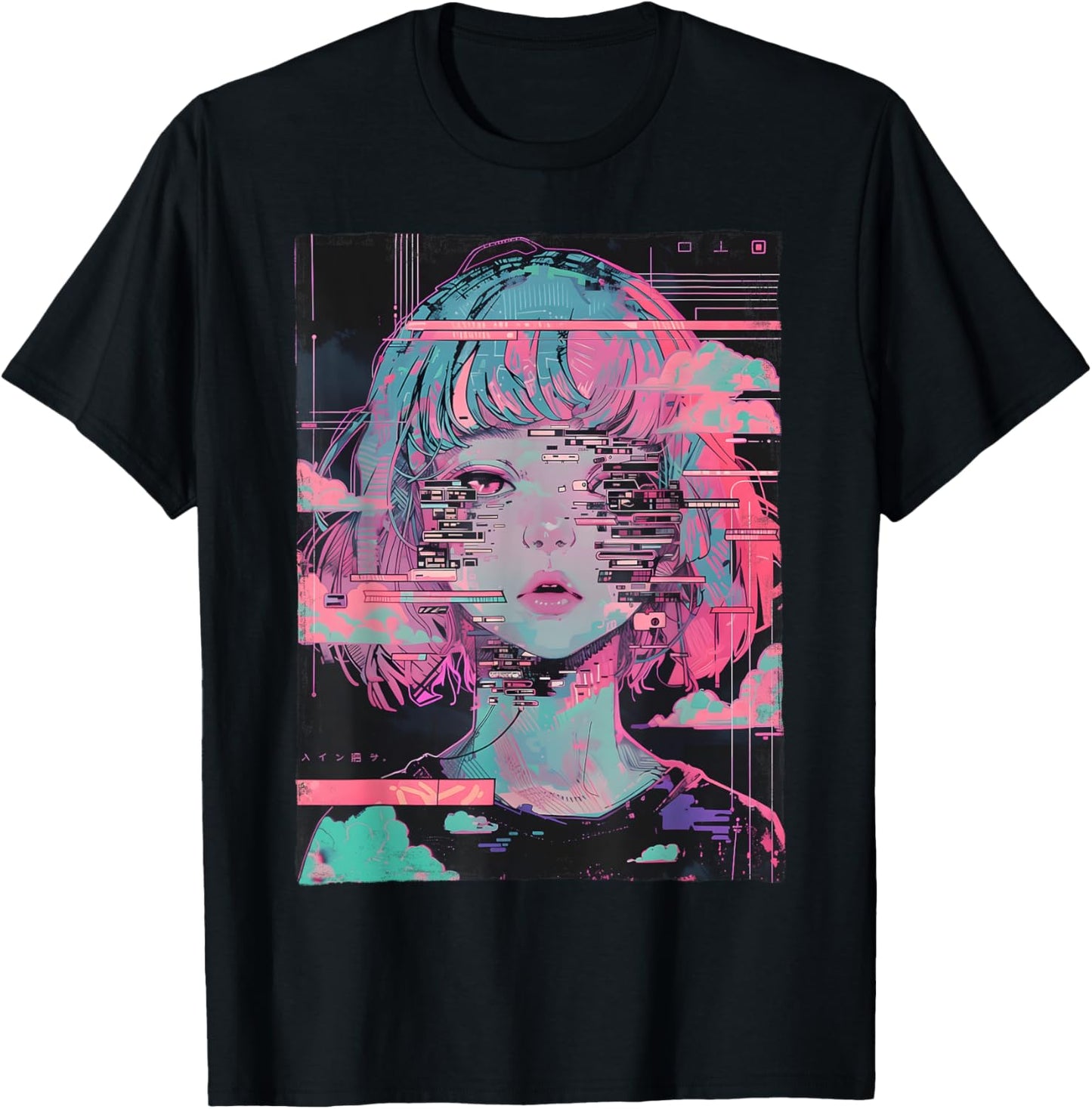 Anime Girl Vaporwave Glitch Cyber Goth E-Girl Distressed T-Shirt - T-Shirt | Black
