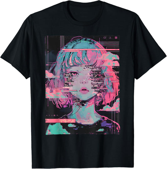 Anime Girl Vaporwave Glitch Cyber Goth E-Girl Distressed T-Shirt - T-Shirt | Black