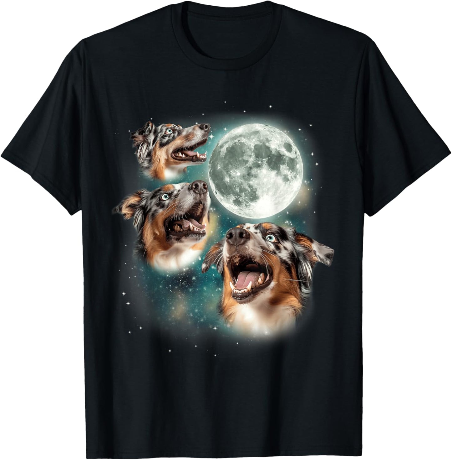 3 Australian Shepherds Moon | Three Aussies Howling Dog Meme T-Shirt - T-Shirt | Black