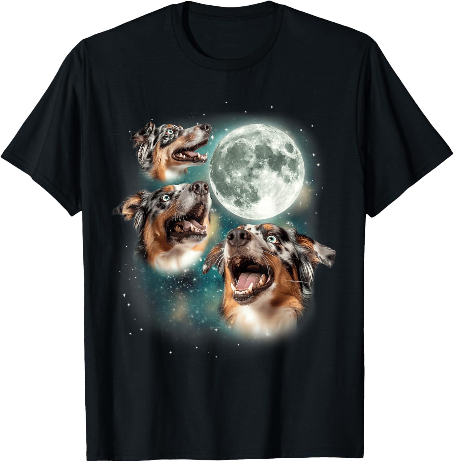 3 Australian Shepherds Moon | Three Aussies Howling Dog Meme T-Shirt - T-Shirt | Black
