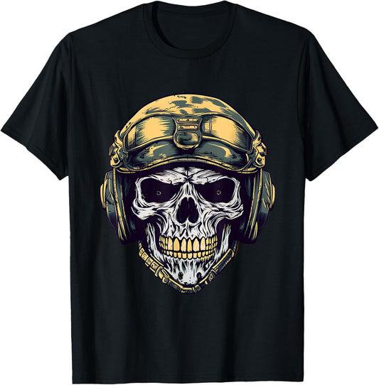 Military Skull Funny Halloween Skeleton Soldier Fighter Camo T-Shirt - T-Shirt | Black