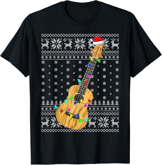 Ugly Sweater Xmas Lights Santa Hat Musical Ukulele Christmas T-Shirt - T-Shirt | Black