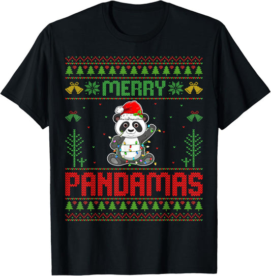 Merry Pandamas Cute Panda Santa Hat Ugly Christmas T-Shirt - T-Shirt | Black