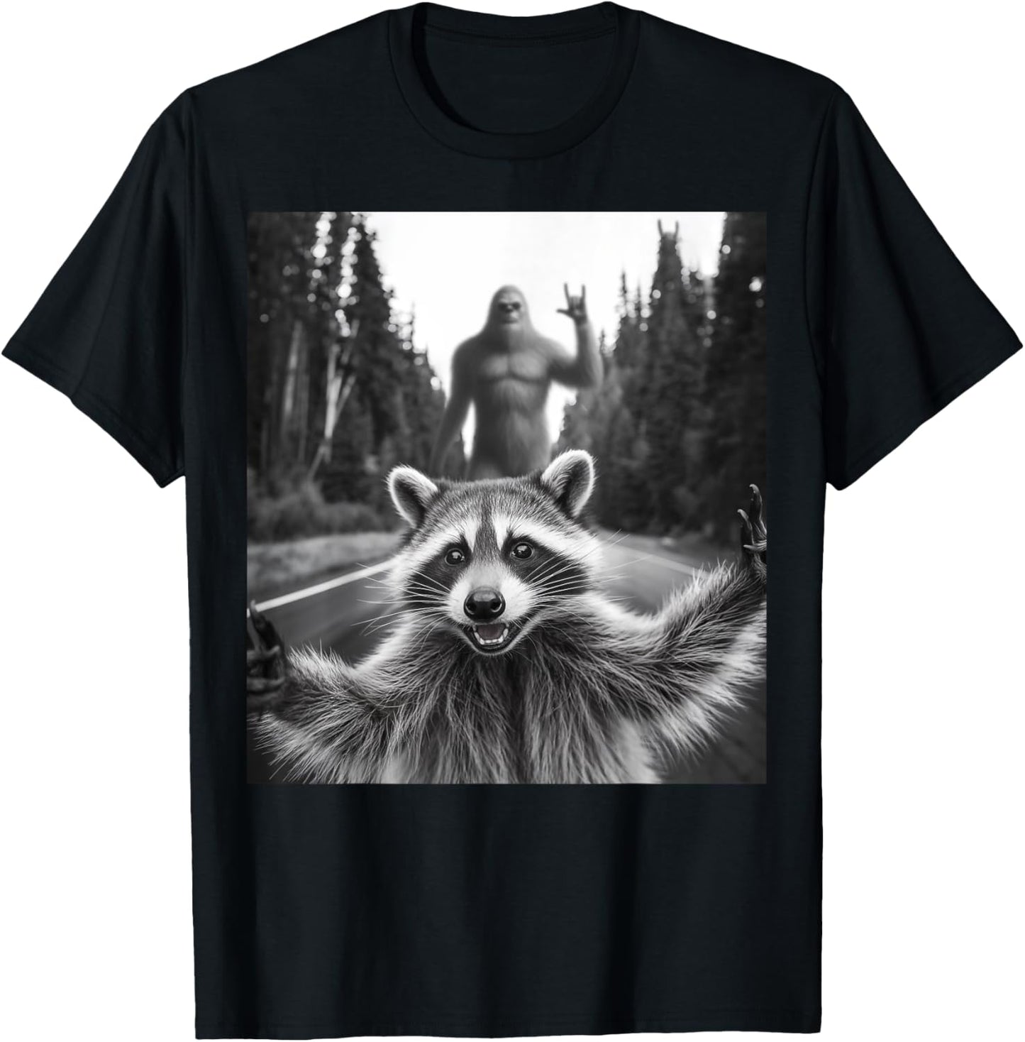 Raccoon Selfie With Bigfoot Funny Gifts Women Kid T-Shirt - T-Shirt | Black