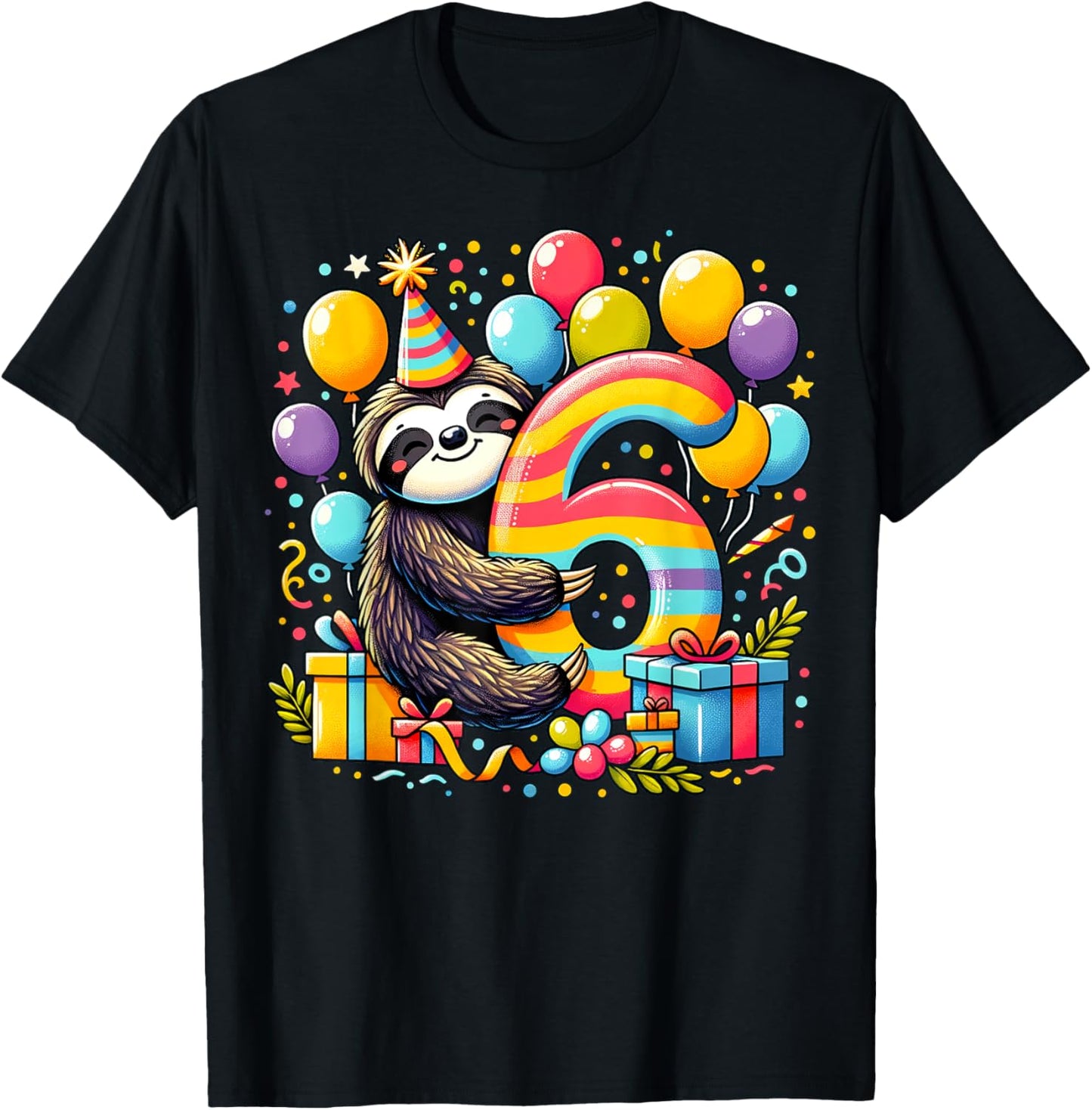 Kids Sloth Theme sixth Bday Party 6th Sloth Birthday T-Shirt - T-Shirt | Black