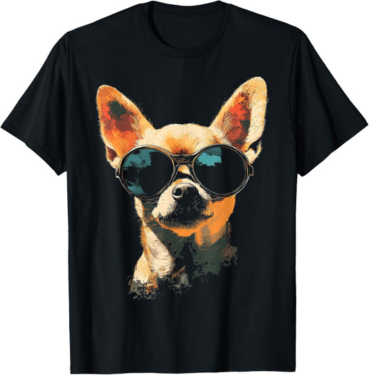 Chihuahua Dog Motif Pet Artwork Sunglasses Chihuahua Women Kids T-Shirt - T-Shirt | Black