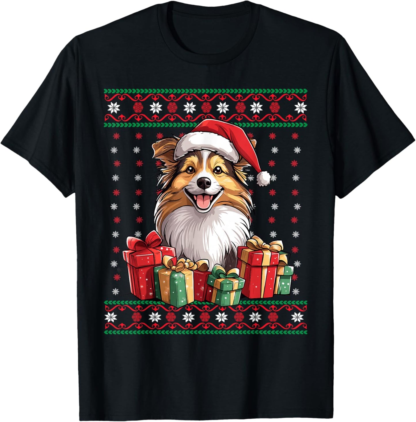 Sheltie Santa Hat Dog Lover Xmas Sheltie Ugly Christmas Men Women Kids T-Shirt - T-Shirt | Black