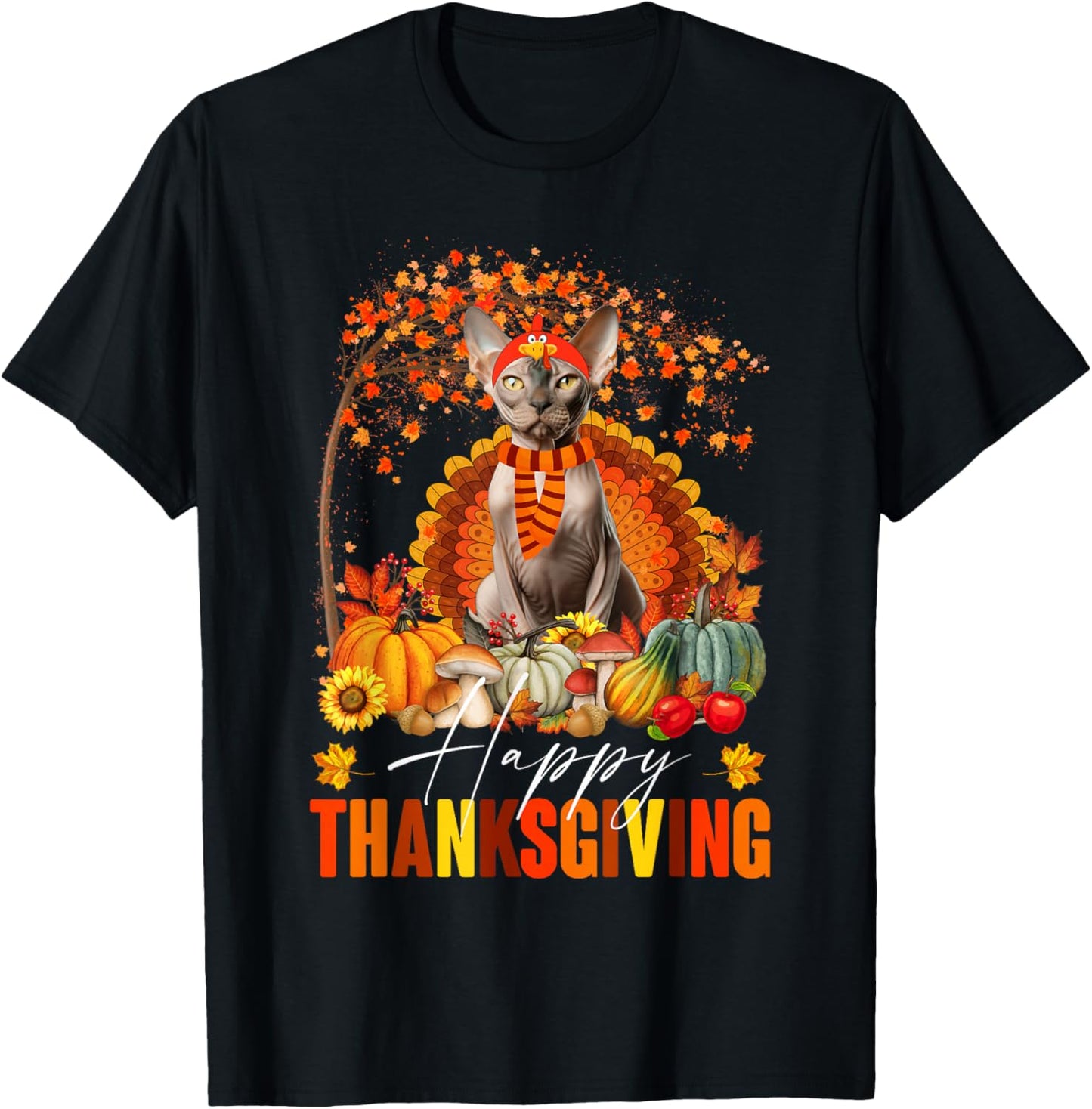 Funny Sphynx Cat In Turkey Costume Happy Thanksgiving Day T-Shirt - T-Shirt | Black