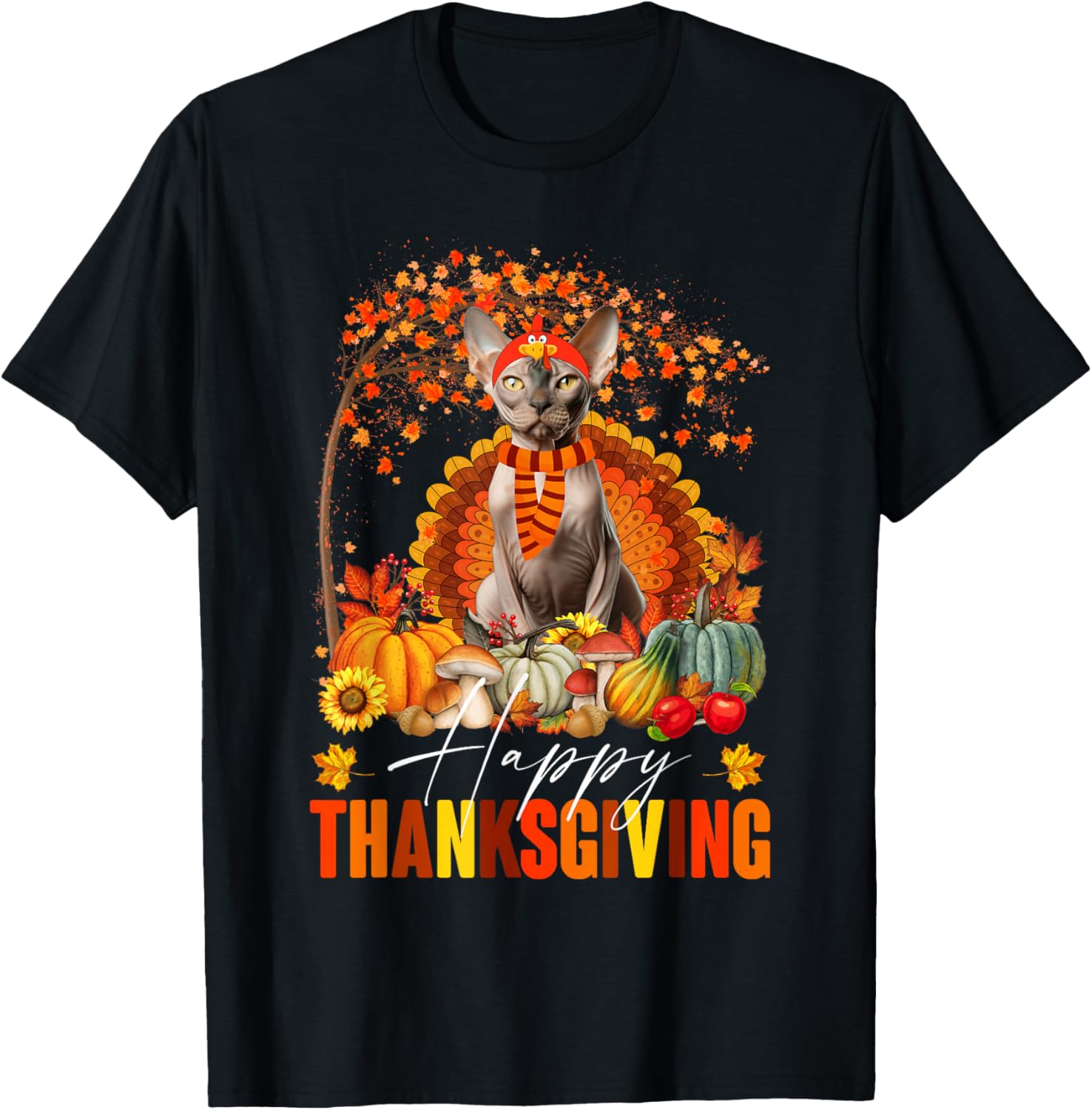 Funny Sphynx Cat In Turkey Costume Happy Thanksgiving Day T-Shirt - T-Shirt | Black