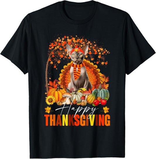 Funny Sphynx Cat In Turkey Costume Happy Thanksgiving Day T-Shirt - T-Shirt | Black