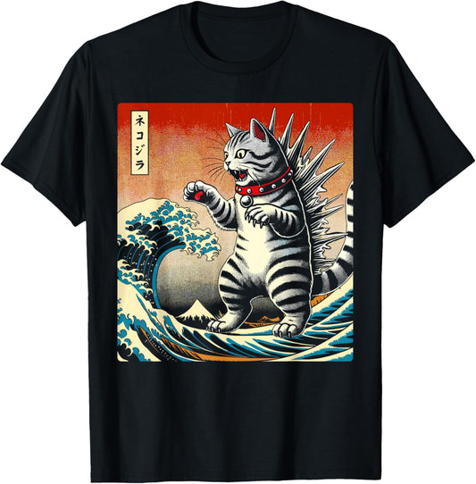 Cat Kaiju Catzilla Japanese Art Men Women Kids Funny Cat T-Shirt - T-Shirt | Black