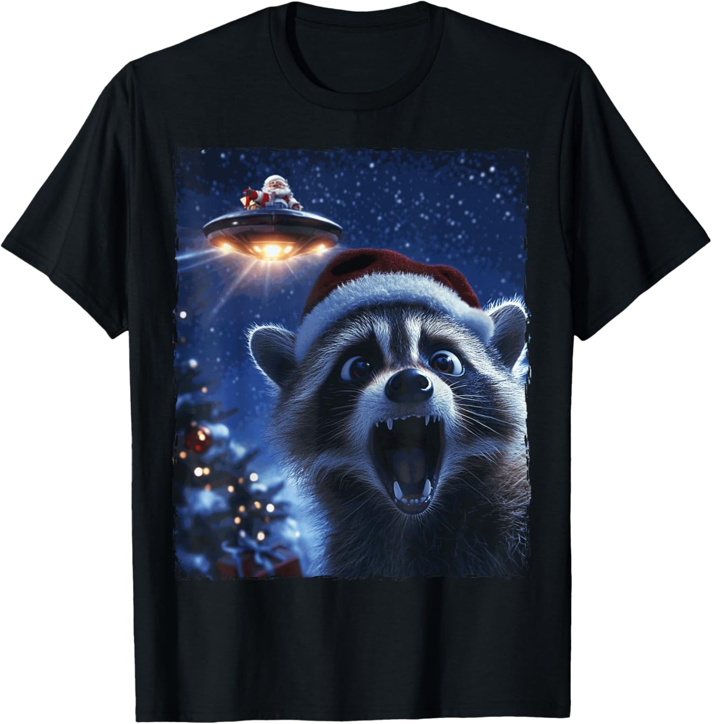 Funny Raccoon Selfie Santa Ufo Xmas Christmas T-Shirt - T-Shirt | Black