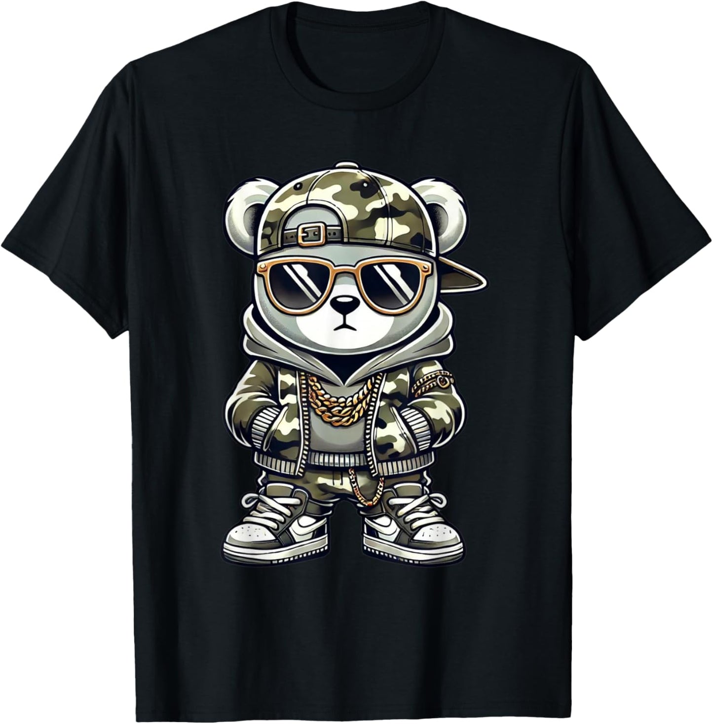 Camo Hip Hop Teddy Bear Camouflage Gangsta Streetwear Hustle T-Shirt - T-Shirt | Black
