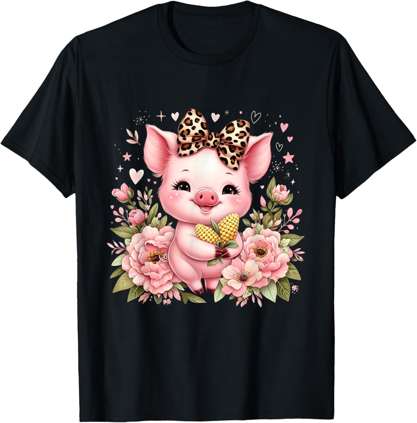 Pig Corn Leopard Coquette Bow Flowers Cute Pig Lover Women T-Shirt - T-Shirt | Black