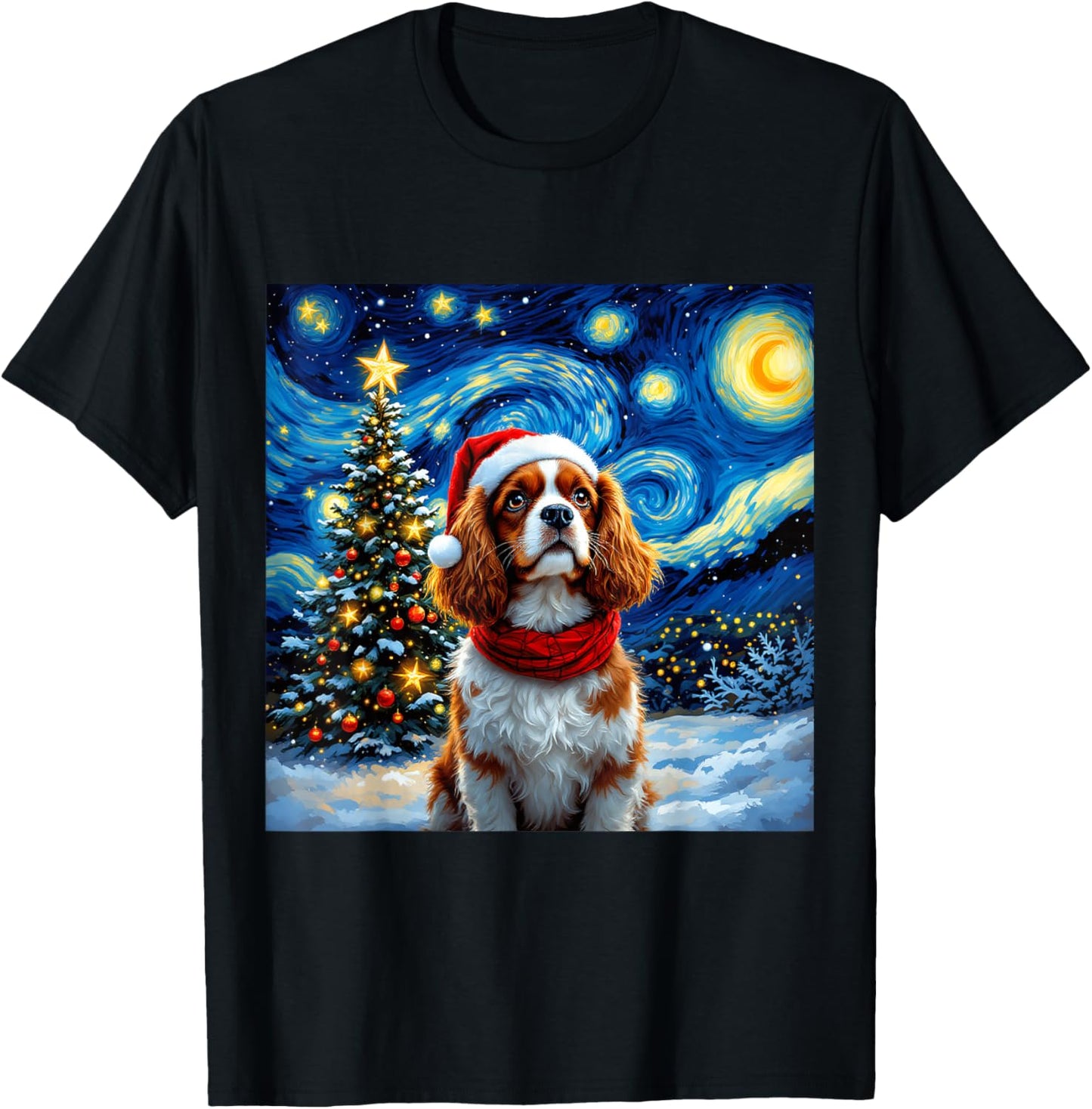 Cavalier King Charles Spaniel Starry Night Christmas Holiday T-Shirt - T-Shirt | Black