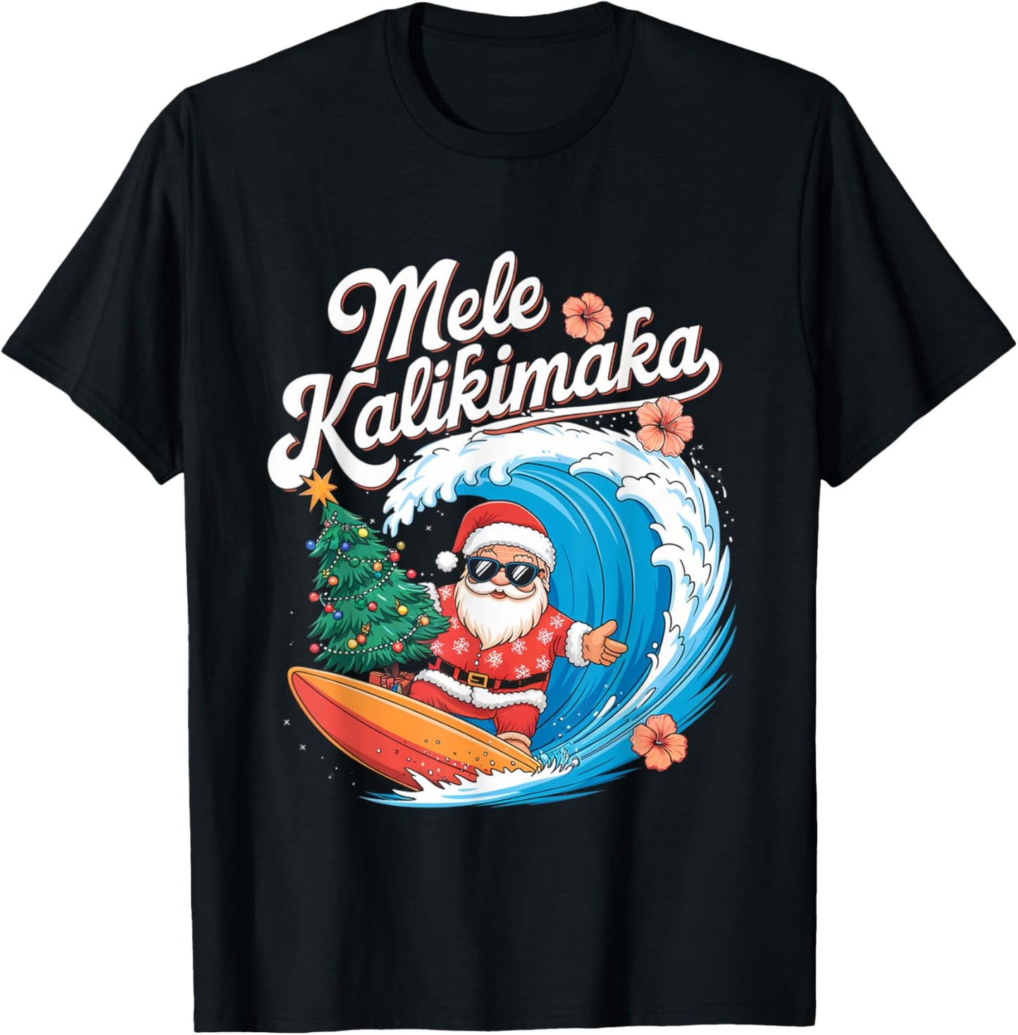 Vintage Cute Mele Kalikimaka Christmas Santa Surfing Costume T-Shirt - T-Shirt | Black