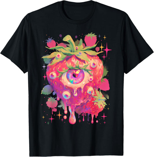 Weirdcore Strawberry Cottagecore Creepy Cute Pastel Goth T-Shirt - T-Shirt | Black