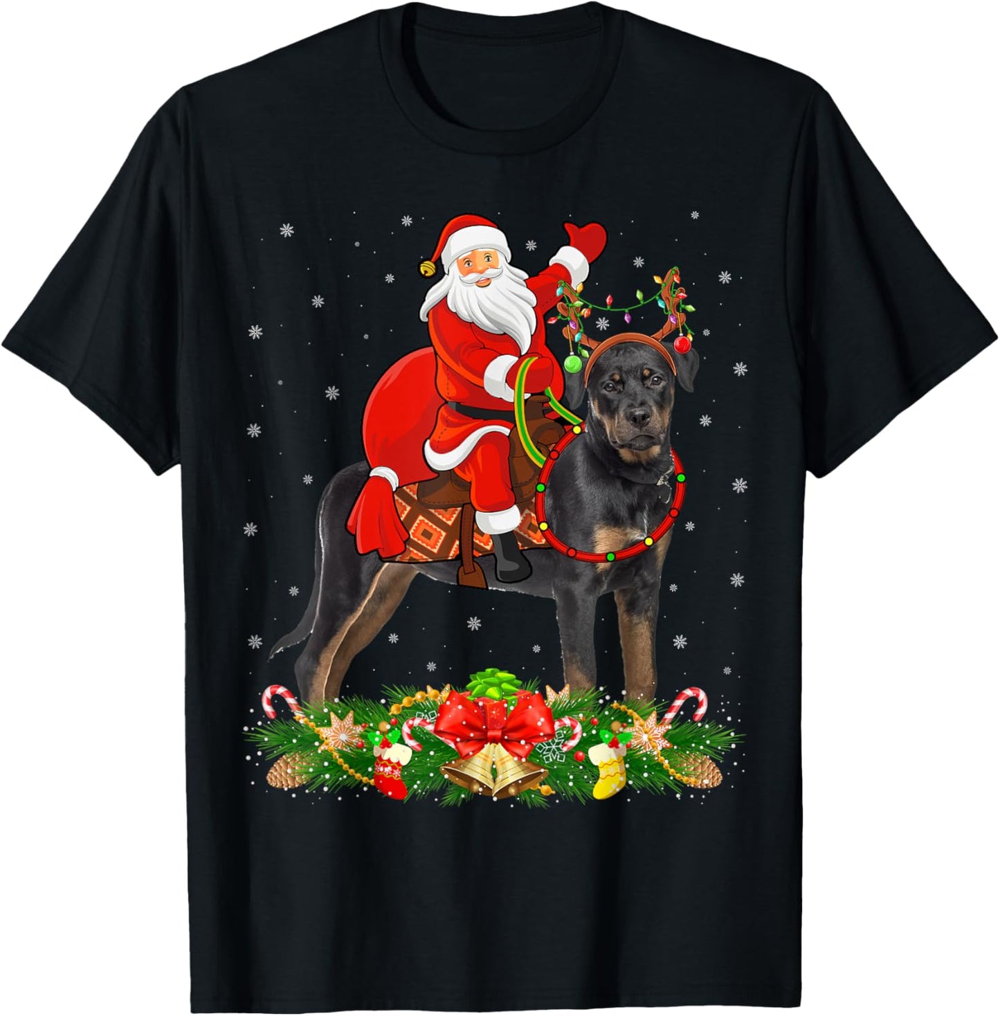 Xmas Decor Funny Santa Riding Rottweiler Dog Christmas T-Shirt - T-Shirt | Black