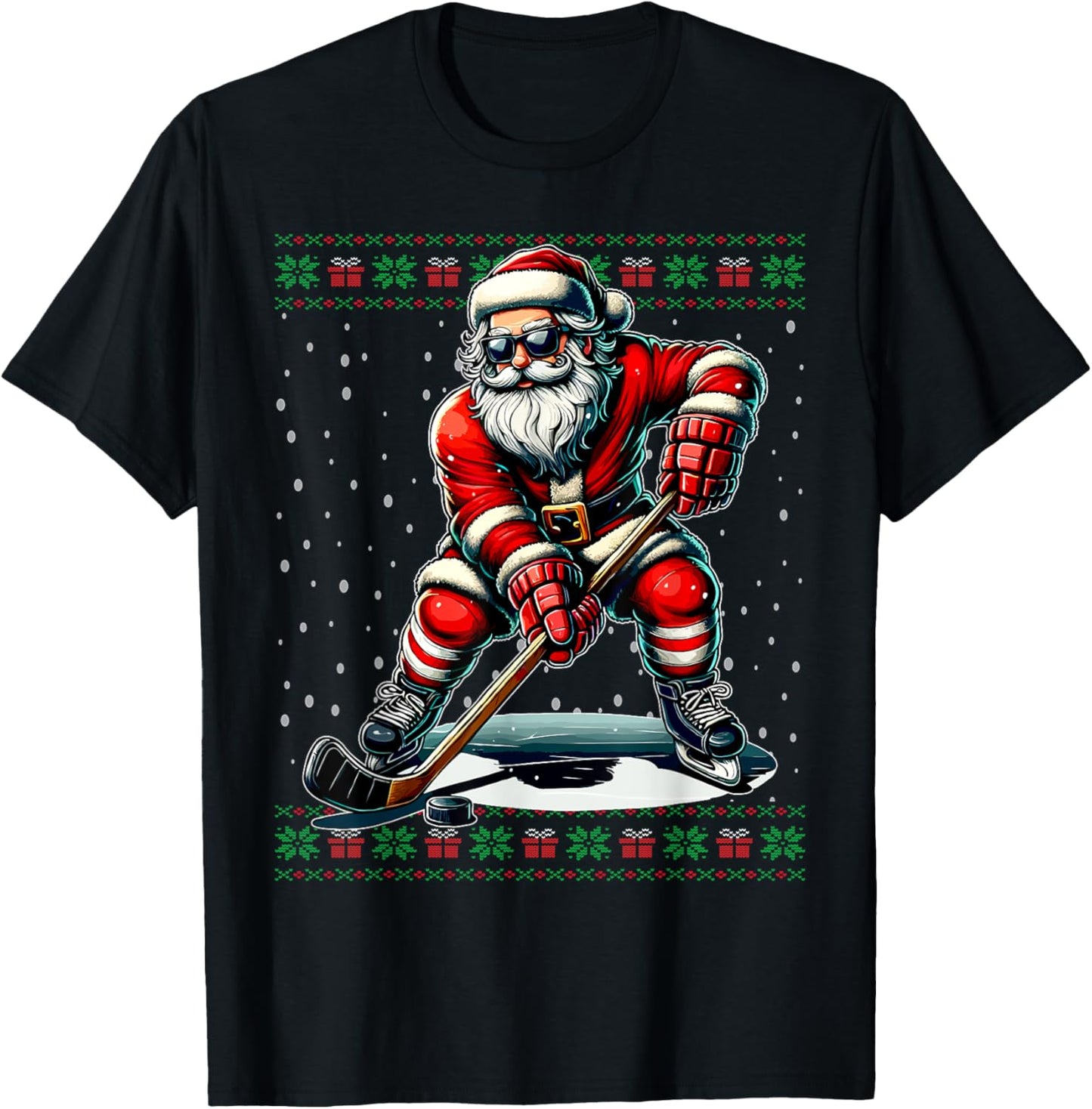 Santa Claus Playing Hockey Ugly Christmas Sweater T-Shirt - T-Shirt | Black