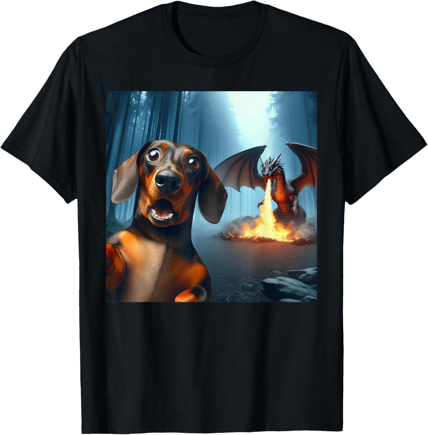 Dachshund Selfie with dragon surprised Dachshund dragon T-Shirt - T-Shirt | Black