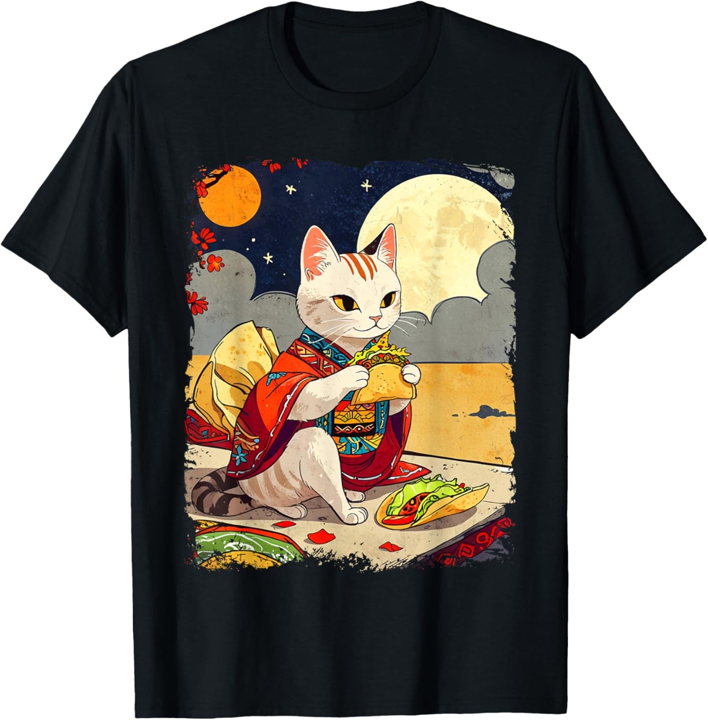 Cat Eating Tacos Funny Taco Cat Ukiyo-e Art Mexican Cat T-Shirt - T-Shirt | Black
