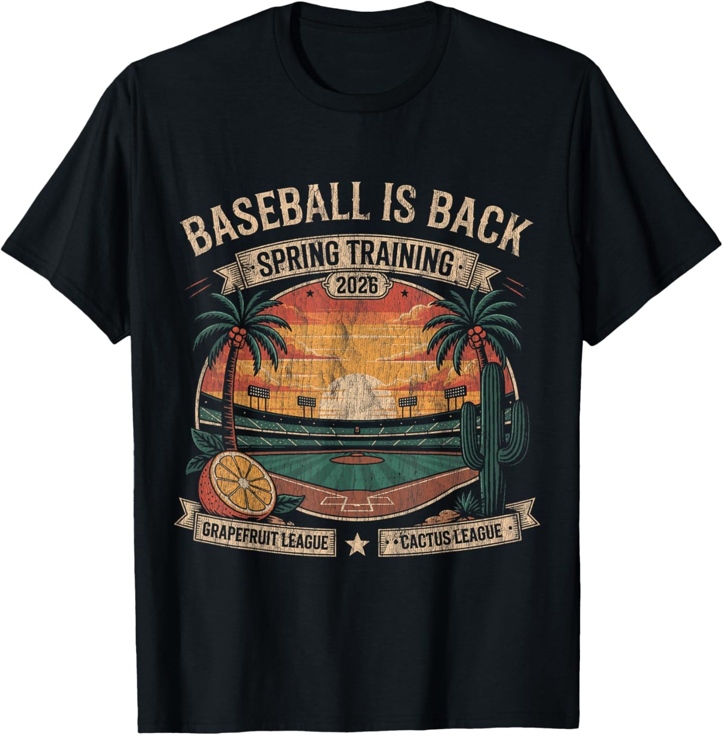 Spring Training Baseball is Back 2026 Retro Stadium Sunset T-Shirt - T-Shirt | Black