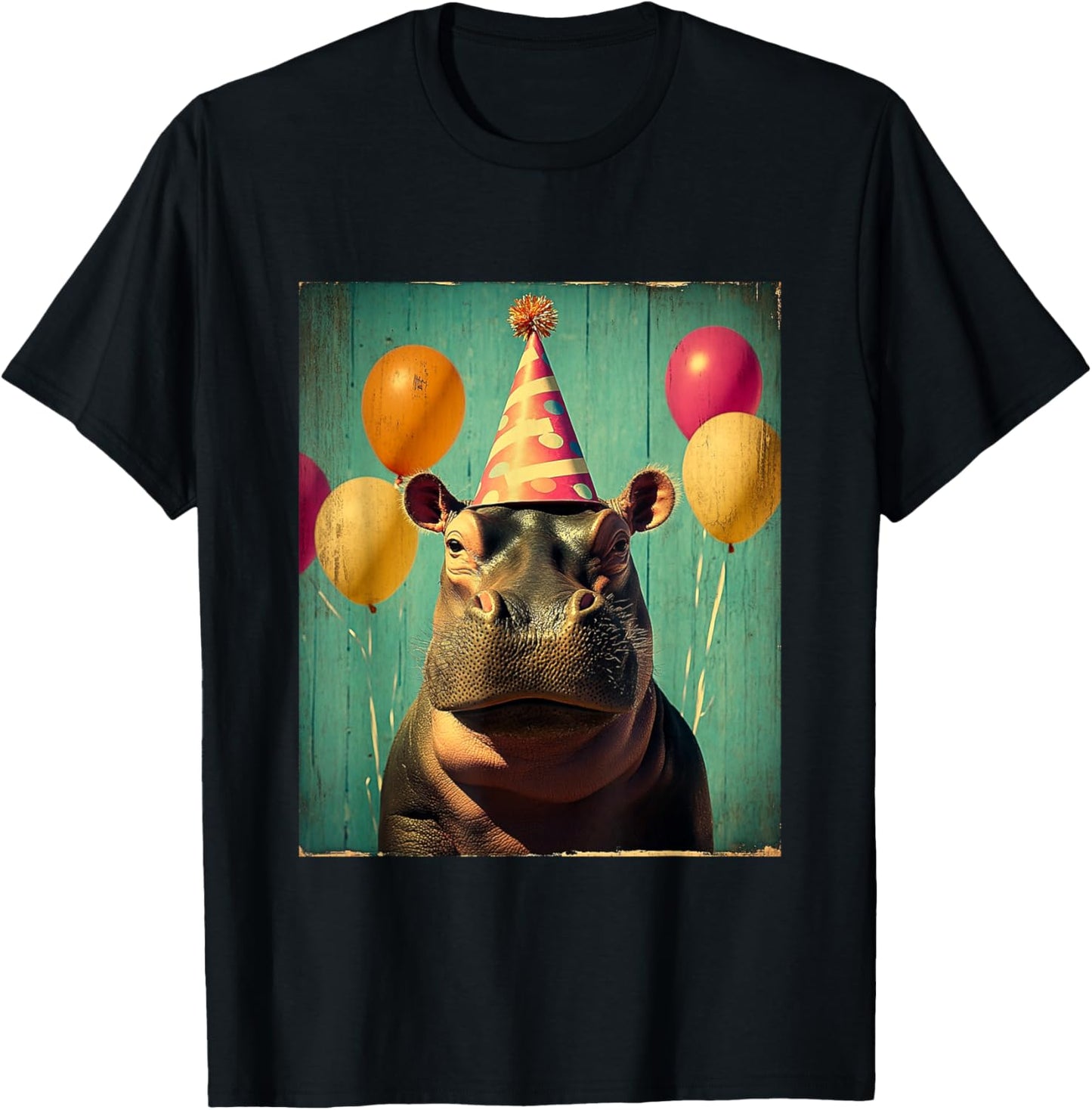 Hippo Retro Art Print Birthday Party Balloons & Party Hat T-Shirt - T-Shirt | Black
