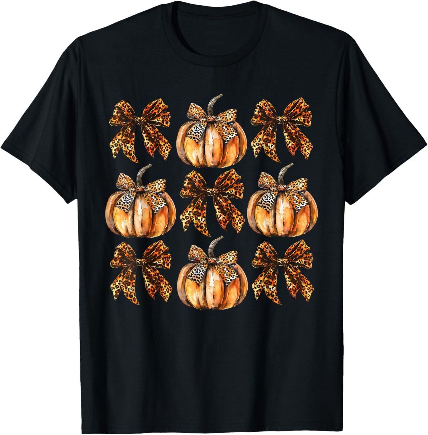Leopard Coquette Bow Pumpkin Thanksgiving Autumn Fall Leaves T-Shirt - T-Shirt | Black