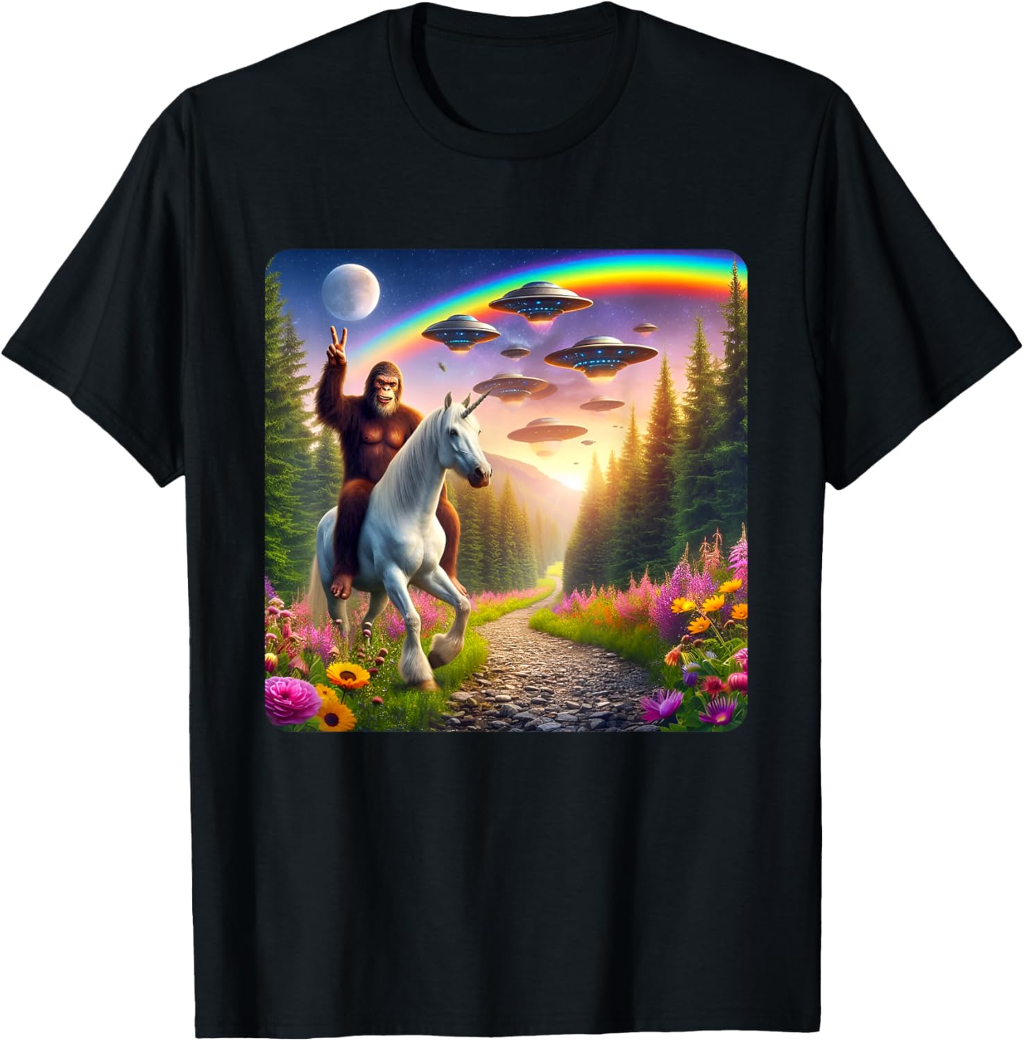 Bigfoot Riding Unicorn Funny Bigfoot Unicorn Selfie UFO T-Shirt - T-Shirt | Black