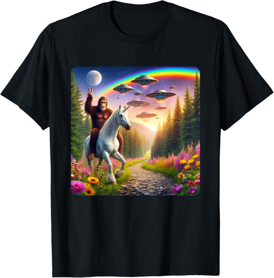 Bigfoot Riding Unicorn Funny Bigfoot Unicorn Selfie UFO T-Shirt - T-Shirt | Black