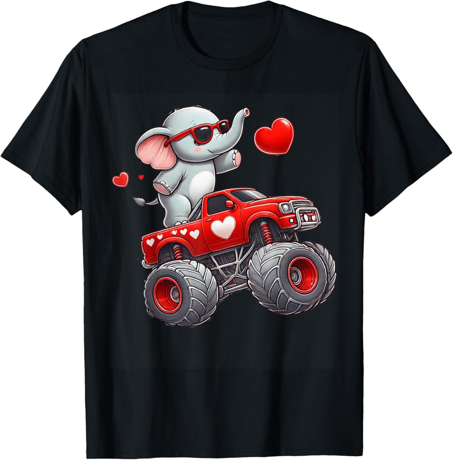 Valentines Day Elephant Riding Monster Truck Cute Boys Girls T-Shirt - T-Shirt | Black