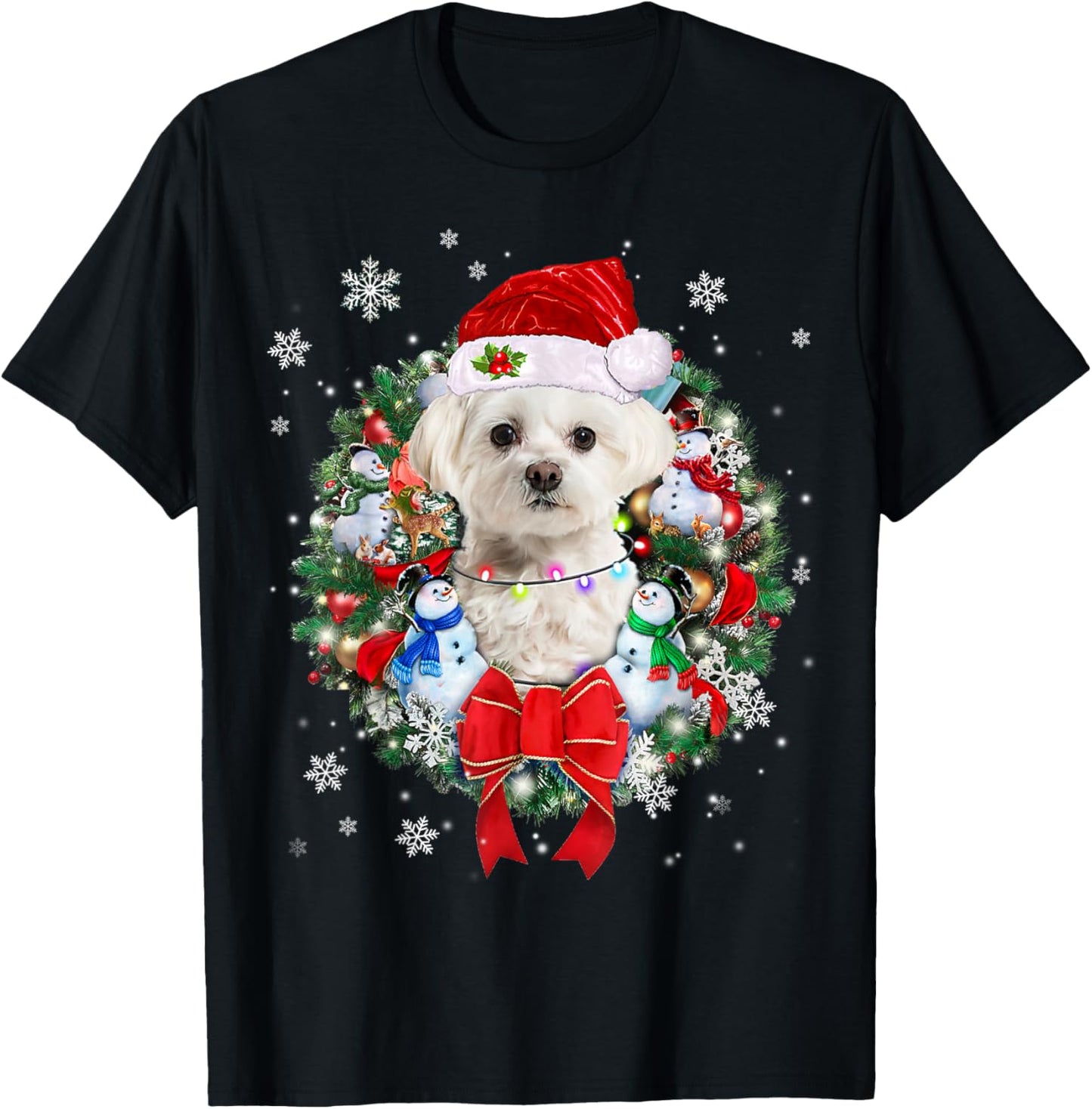Maltese Christmas Wreath Decoration Xmas Pajamas T-Shirt - T-Shirt | Black