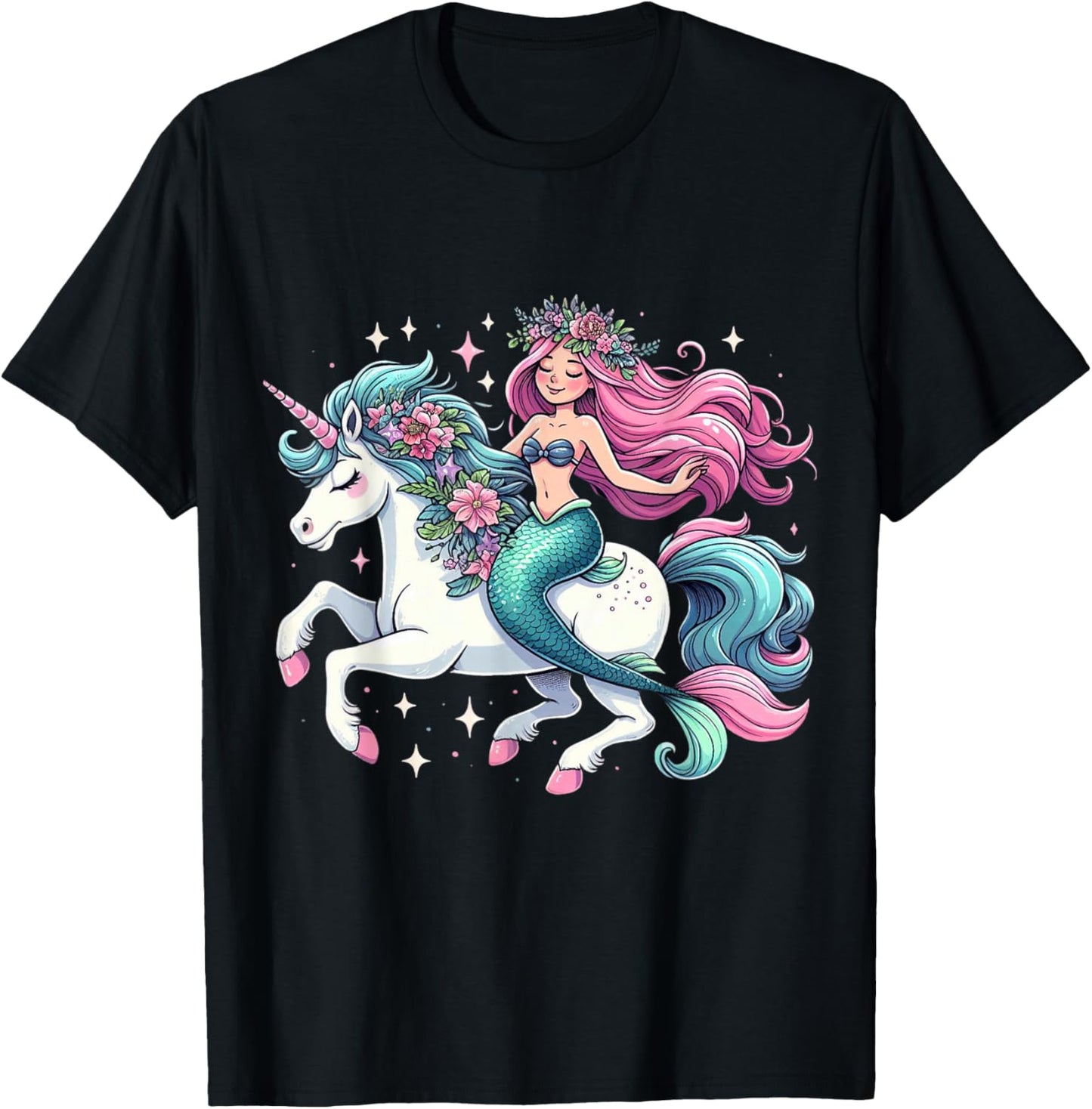 Mermaid Riding A Unicorn Boys Girls Men Women Kids Adults T-Shirt - T-Shirt | Black