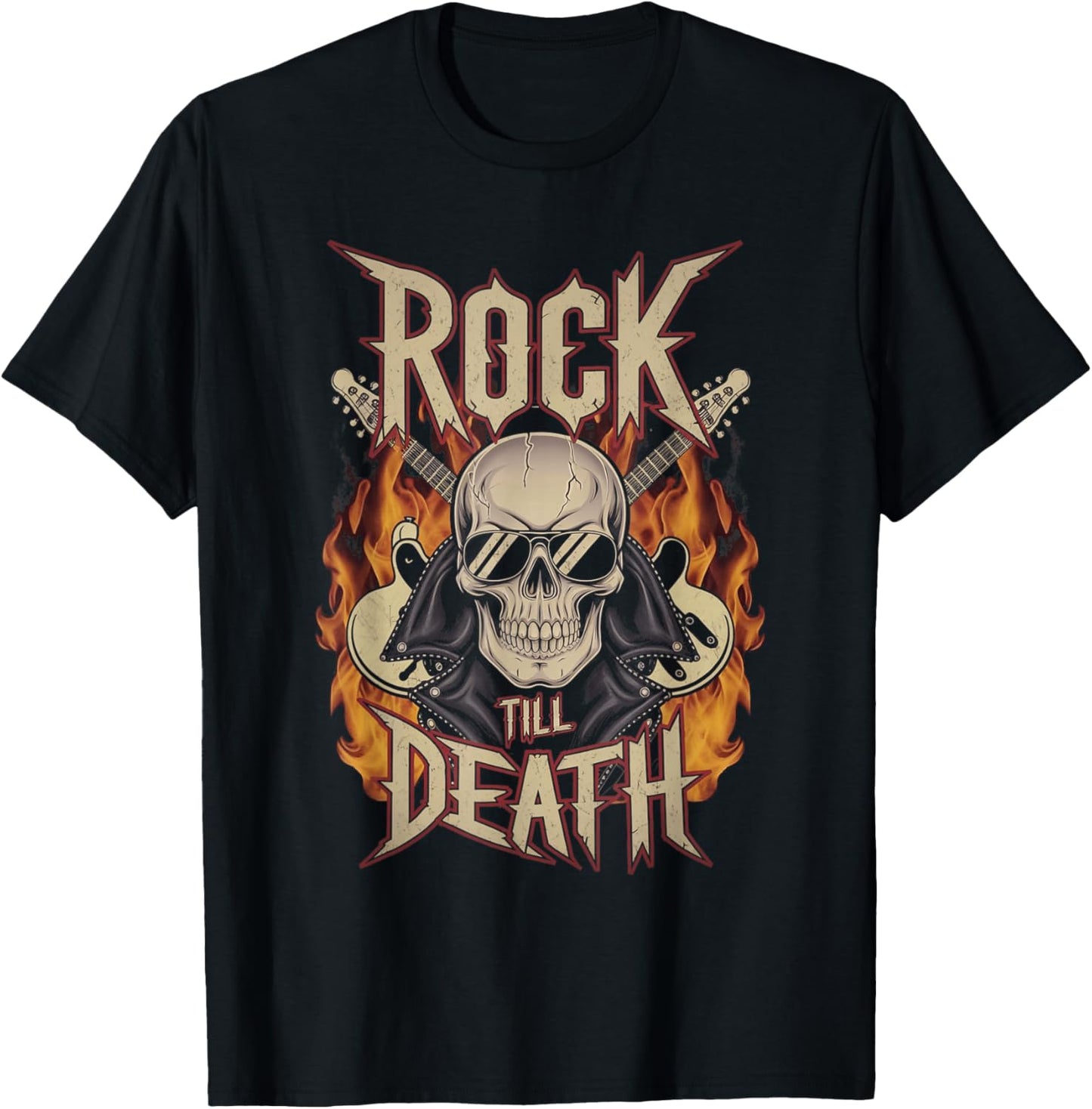 Skull and Flames Rock Till Death T-Shirt - T-Shirt | Black