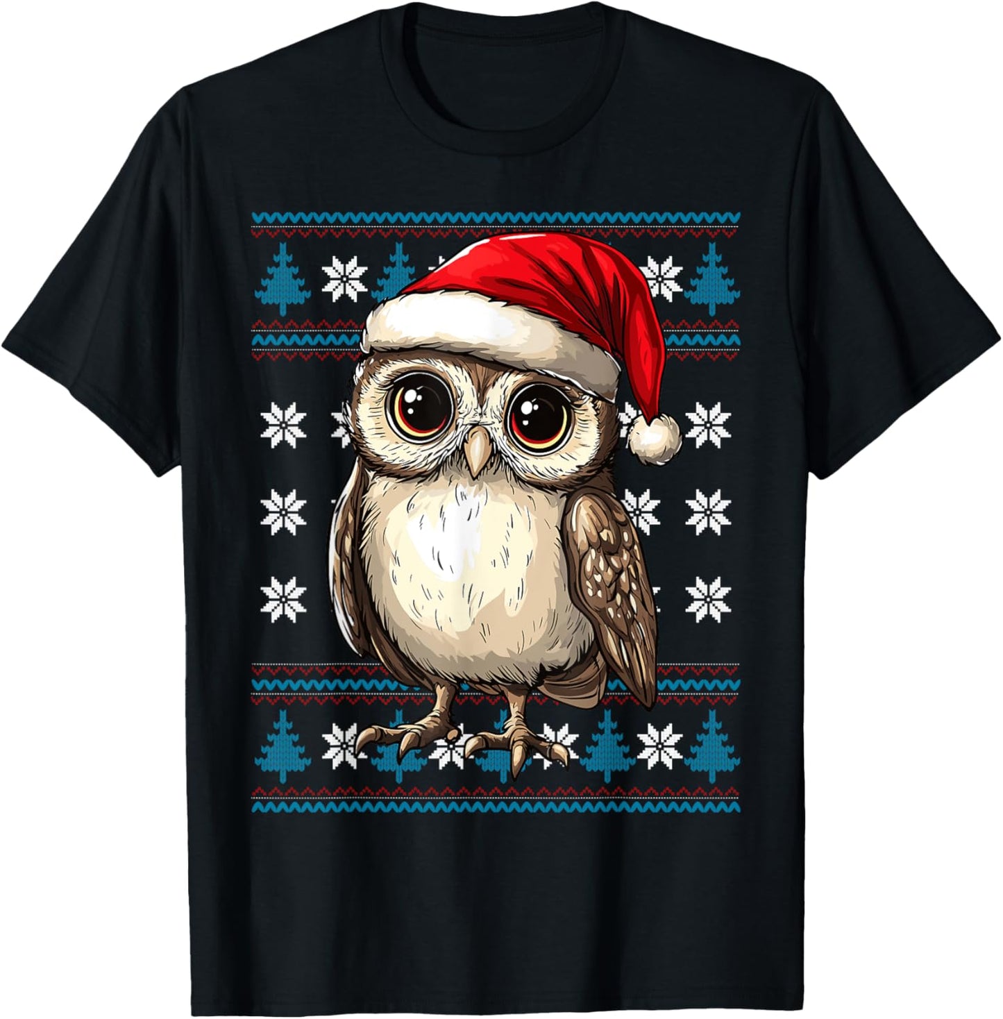 Owl Santa Hat Ugly Christmas Sweater Owl Lovers Holiday T-Shirt - T-Shirt | Black