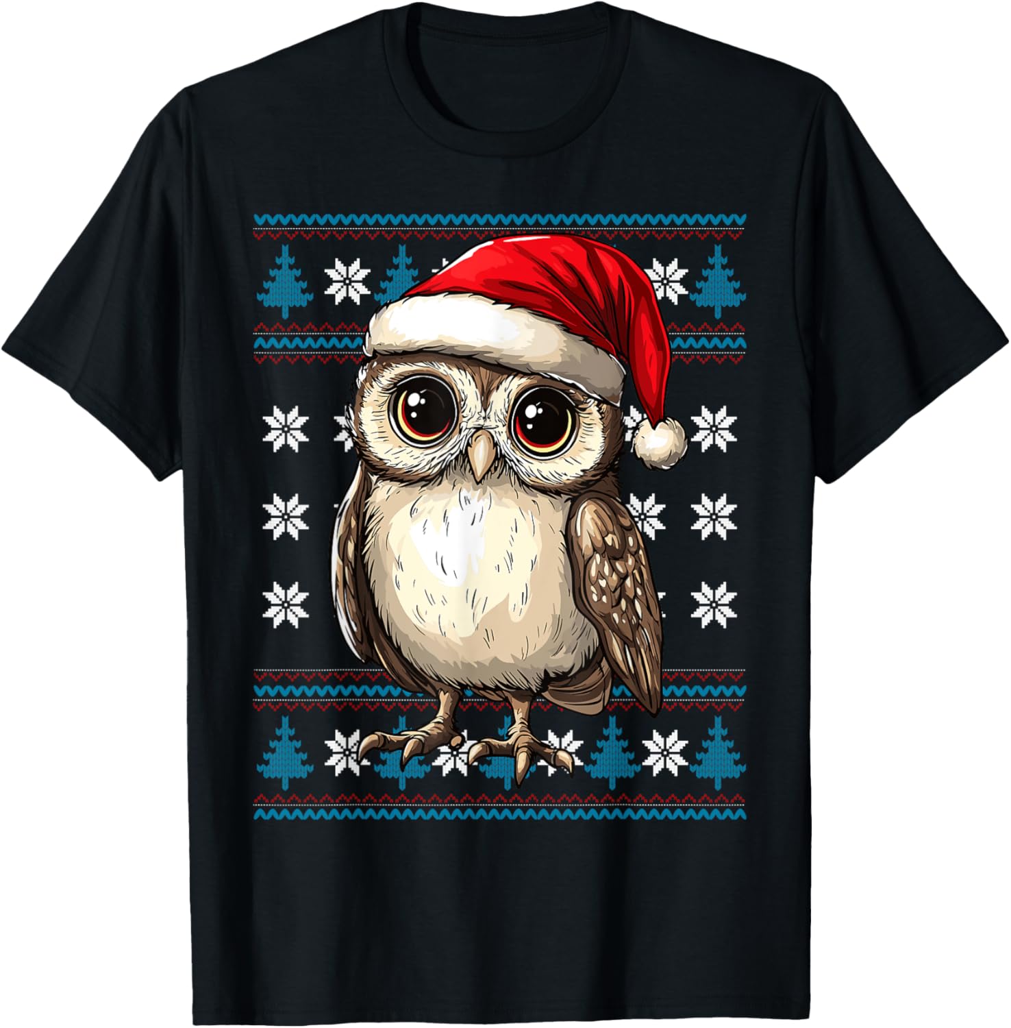 Owl Santa Hat Ugly Christmas Sweater Owl Lovers Holiday T-Shirt - T-Shirt | Black