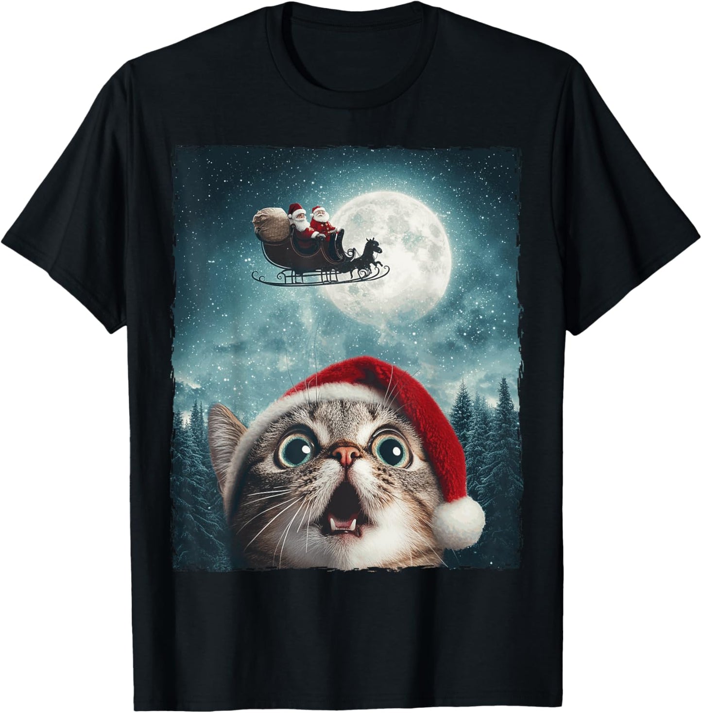 Funny Cat Selfie Santa Moon Xmas Christmas Women Kids T-Shirt - T-Shirt | Black
