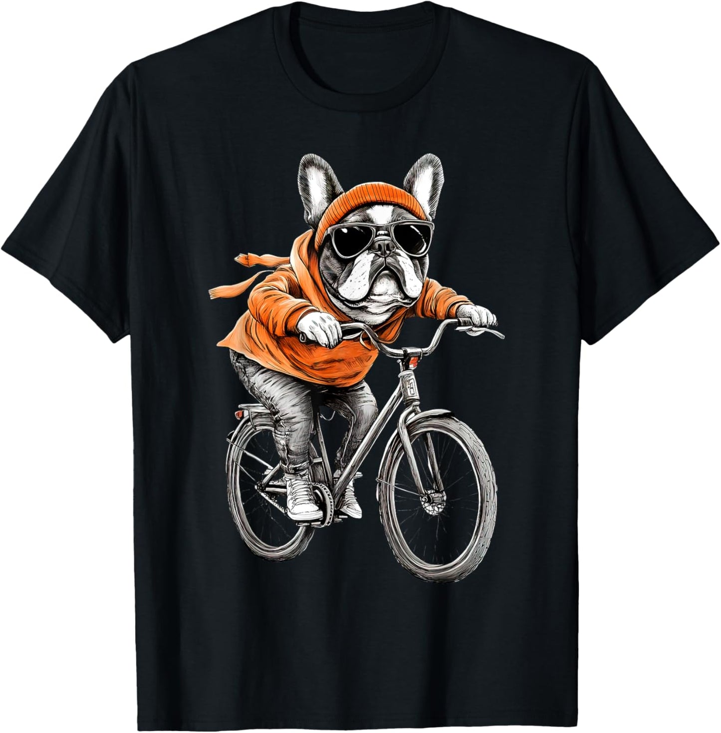 Retro Winter French Bulldog Riding Bicycle Biker Cyclist T-Shirt - T-Shirt | Black