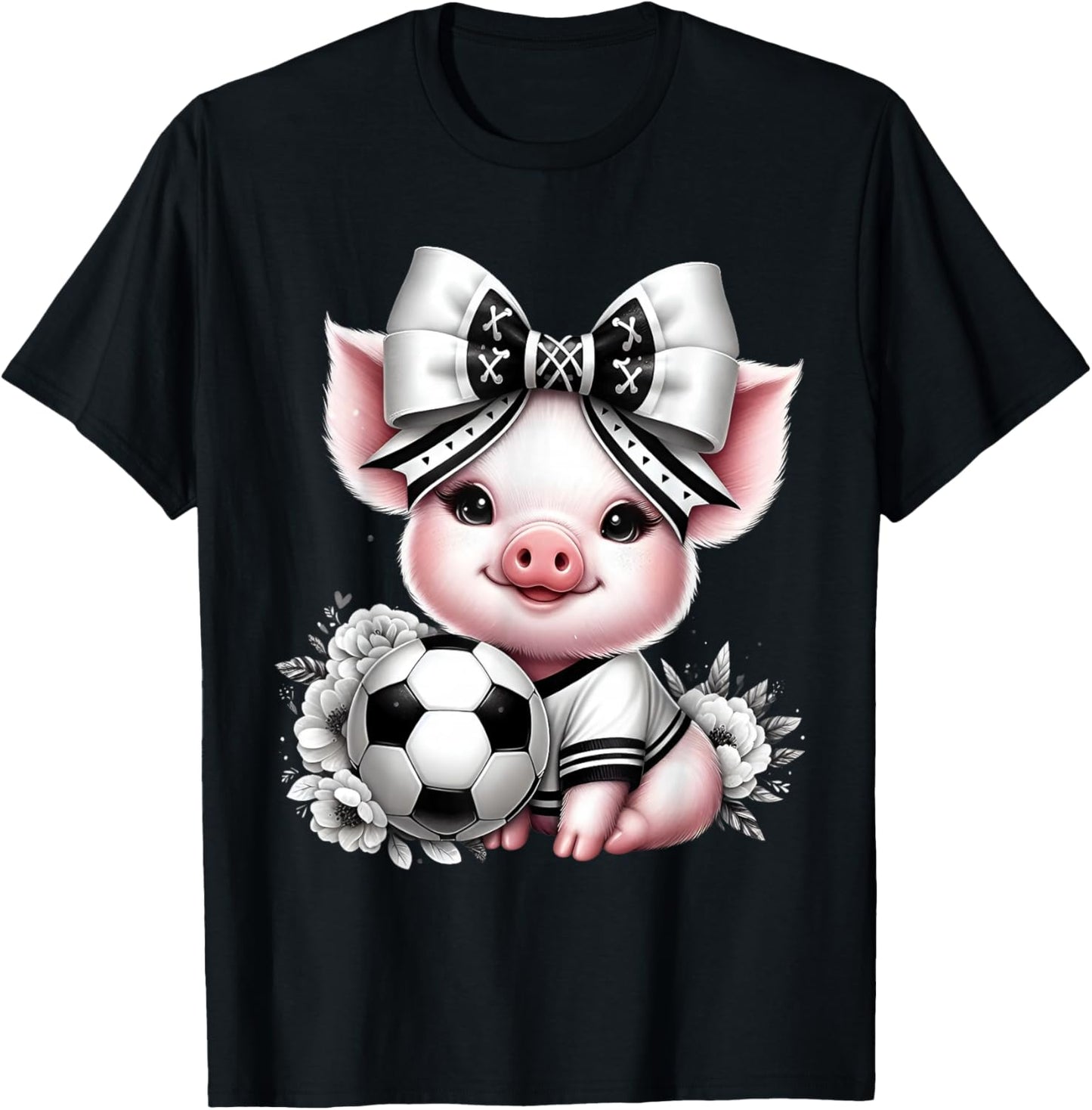 Cute Pig Black & White Soccer Coquette Bow Soccer Player Pig T-Shirt - T-Shirt | Black