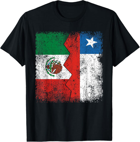 Chilean Roots | Half Mexican Flags | Mexico Chile Vintage T-Shirt - T-Shirt | Black