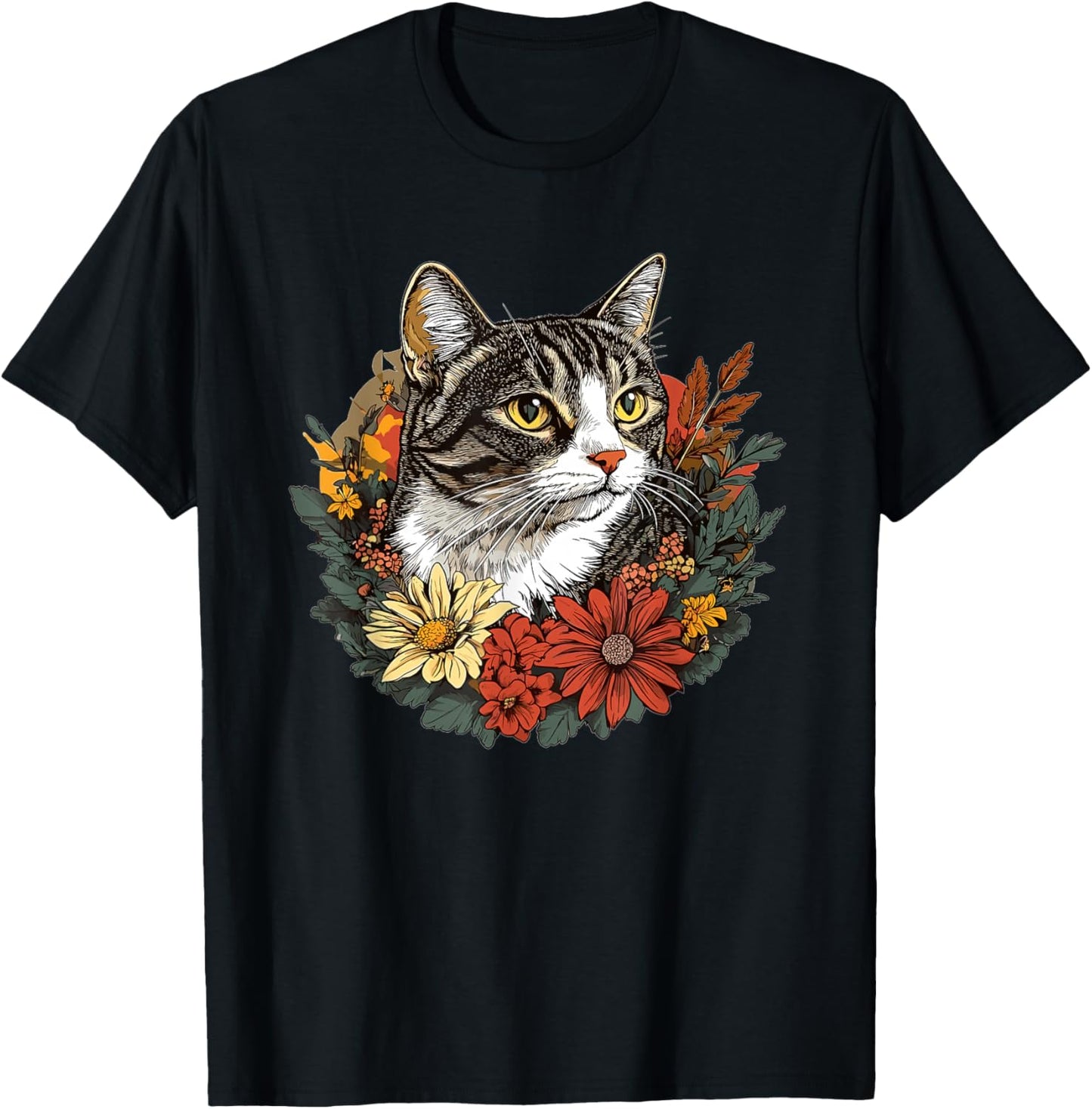 Tabby Cat Surrounded By Colorful Flowers T-Shirt - T-Shirt | Black
