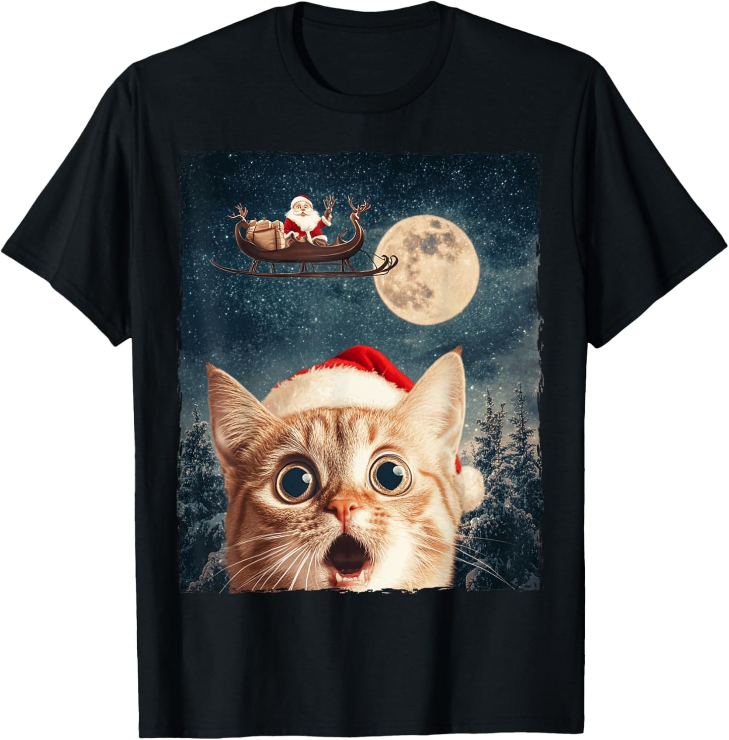 Funny Cat Selfie Santa Moon Xmas Christmas T-Shirt - T-Shirt | Black