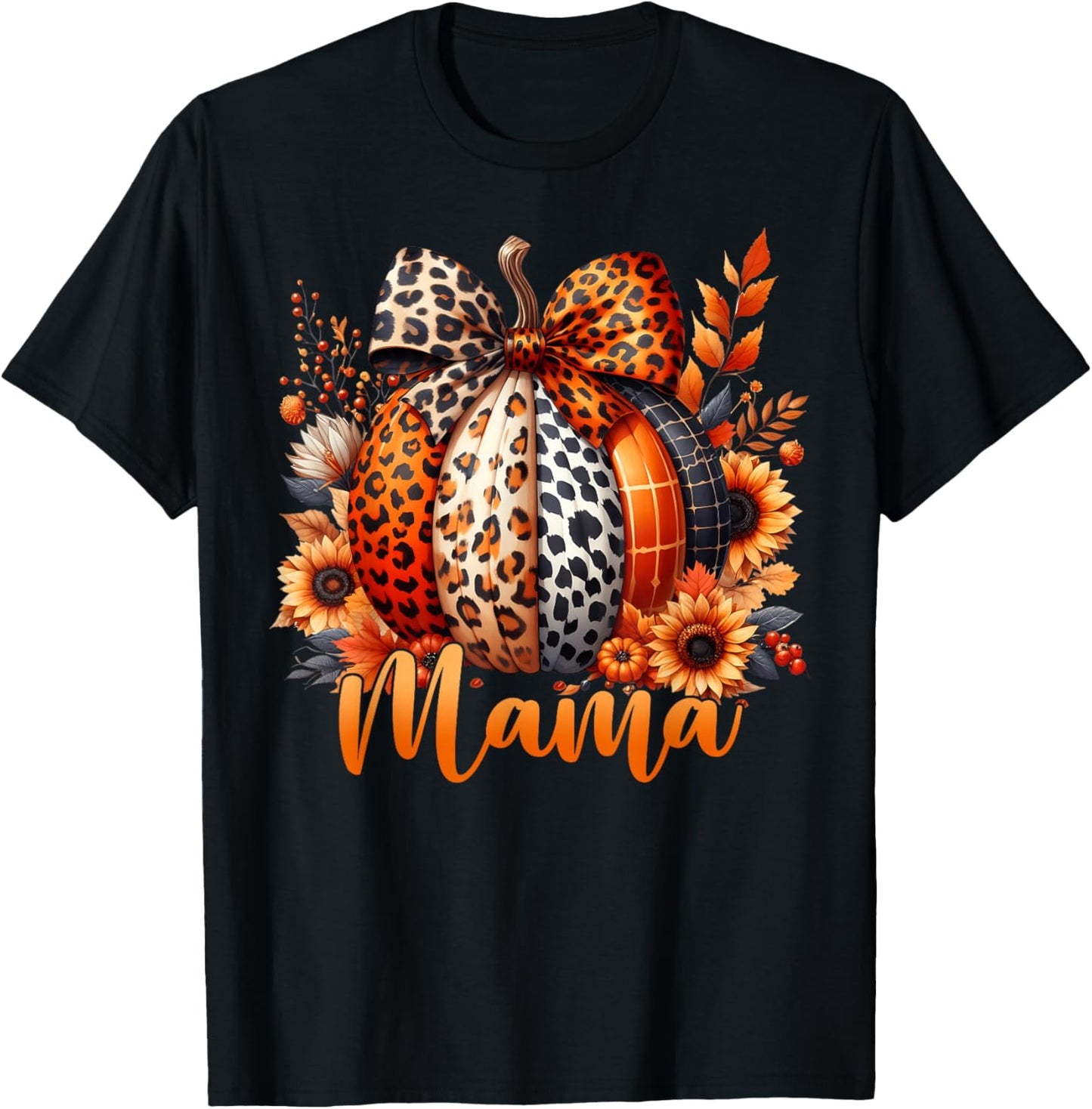 mama Thanksgiving Leopard Pumpkin Sunflower Coquette Bow T-Shirt - T-Shirt | Black