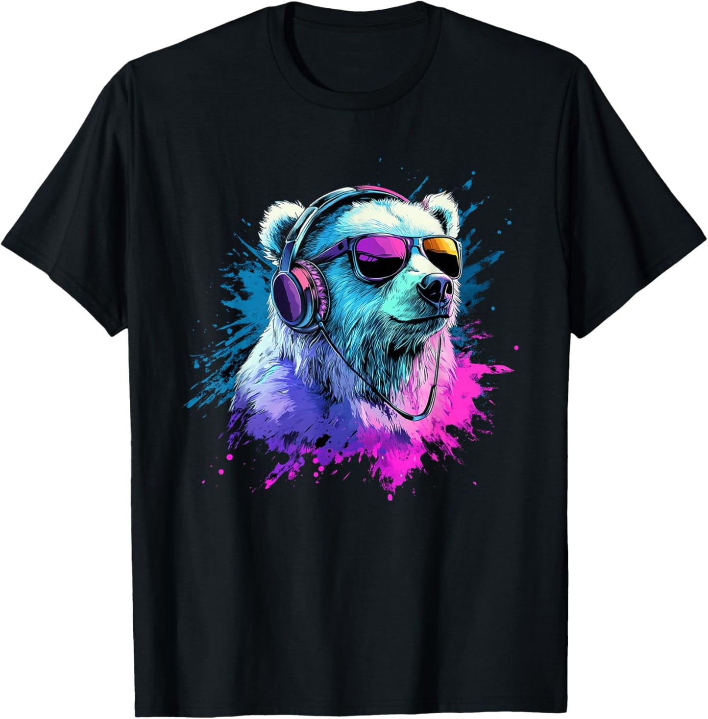 Polar Bear Colorful Music Headphones Artistic Polar Bears T-Shirt - T-Shirt | Black