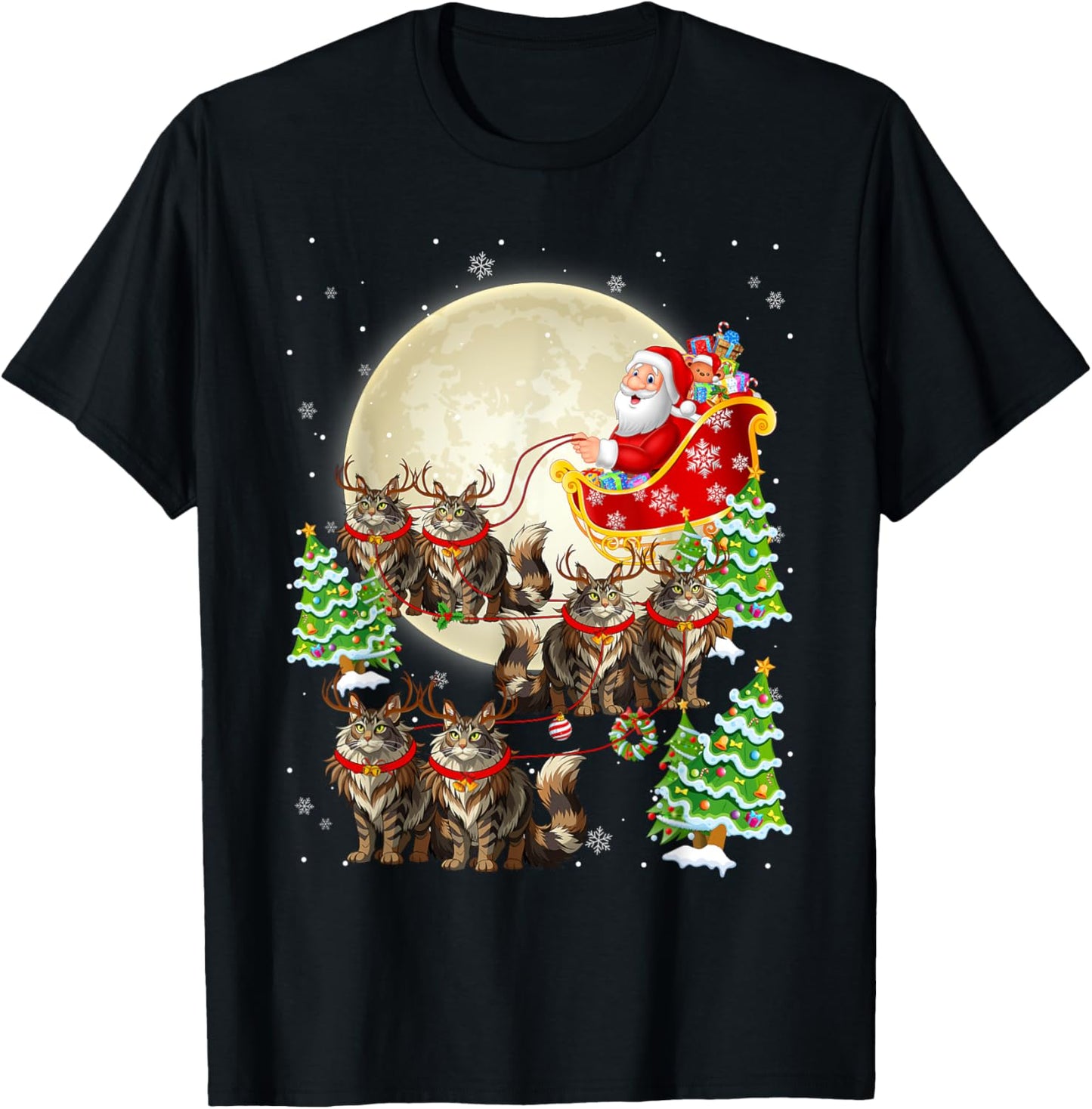 Funny Maine Coon Cat Reindeer Santa Sleigh Merry Christmas T-Shirt - T-Shirt | Black