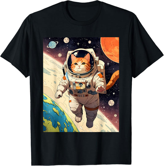 Astronaut Cat - Funny Space Cat Japanese Retro Kawaii Cute T-Shirt - T-Shirt | Black